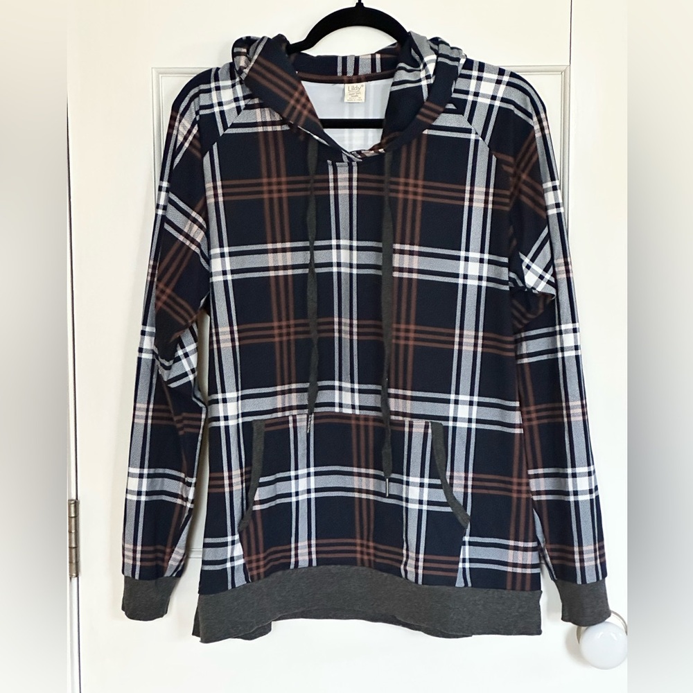 NWOT Lidly plaid super soft scuba-feel hoodie - size L/XL